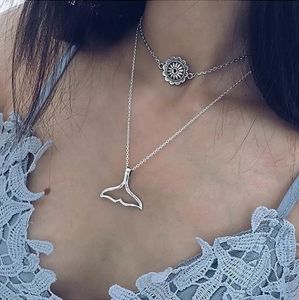 Boho Silver Whale Fish Tail Medallion Layer Chain Necklace